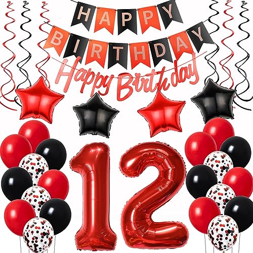 Luftballons 12. Geburtstag Deko Rot Schwarz, Happy Birthday Dekoration für Mädchen Mit Ballons Luftballons 12. Geburtstag Deko Rot Schwarz, Happy Birthday Dekoration für Mädchen Mit Ballons von Oumezon