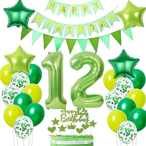 Oumezon 12. Geburtstag Dekoration: Grün, Zahl '12', Herz, Stern, Ballon Bänder, Wimpel Banner, Konfetti, Tortendeko von Oumezon