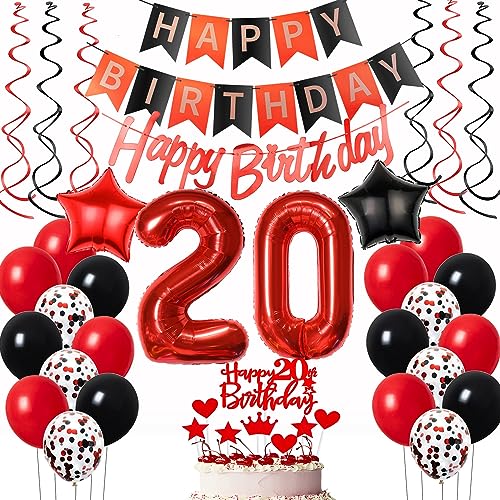 Luftballons 20. Geburtstag Frauen Rot Schwarz Dekoration, ballon 20 Geburtstag deko Frauen Rot Tortendeko 20 Jahre Frauen Geburtstagsdeko 20 Geburtstag Frau Deko 20. Geburtstag Luftballon von Oumezon