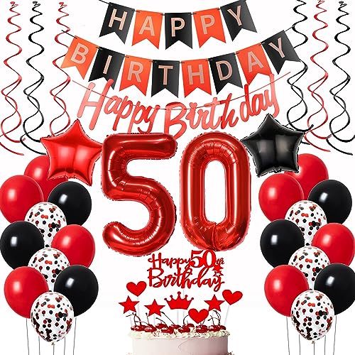 Luftballons 50. Geburtstag Frauen Rot Schwarz Dekoration, Ballon Deko Tortendeko 50 Jahre Geburtstagsdeko Frau Luftballon von Oumezon