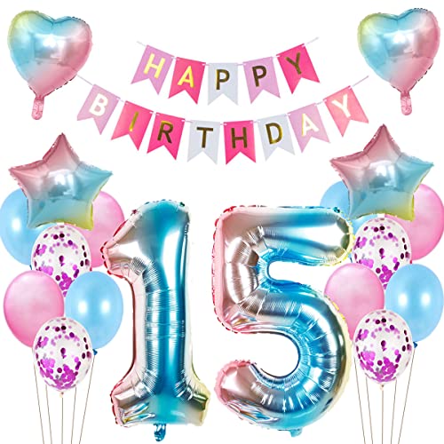 Luftballon 15. Geburtstag deko Mädchen Regenbogen Folienballon 15 jahre Geburtstag dekoration Happy Birthday 15 Geburtstag deko Mädchen Rosa Geburtstagsdeko 15 Jahre Geburtstag Deko Mädchen(15) von Oumezon