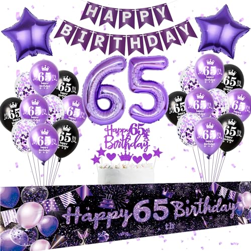 Oumezon Lila 65. Geburtstag Dekoration Frau: Luftballons, Banner, Konfetti, Ballonbänder, Tortendeko, Happy Birthday Banner - Purple, 65-jährige Frau, 1 Stück von Oumezon