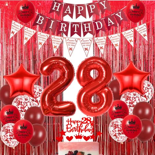 Rot 28. Geburtstagsdeko,Rot 28 Jahre Luftballons Frau,Lametta Vorhänge 28. Geburtstag Rot,Ballon 28. Geburtstag Frau,Party Vorhang für 28. Geburtstag Rot,28. Luftschlangen Dekoration Frau von Oumezon