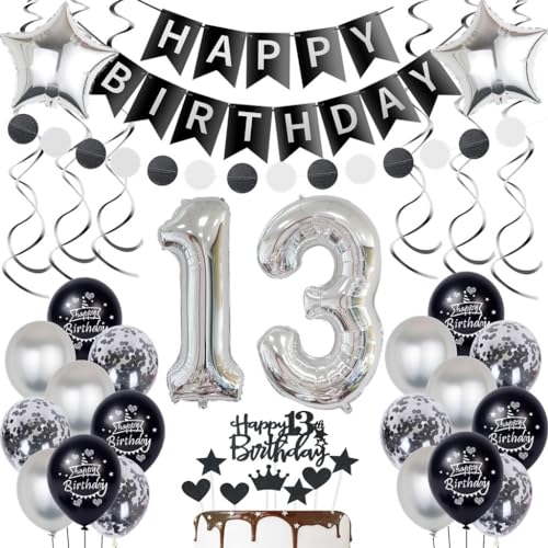 Silber 13. Geburtstag Dekoration Luftballon für Junge und Mädchen - Schwarz Ballon Deko Set mit Tortendeko Silber 13. Geburtstag Dekoration Luftballon für Junge und Mädchen - Schwarz Ballon Deko Set mit Tortendeko von Oumezon