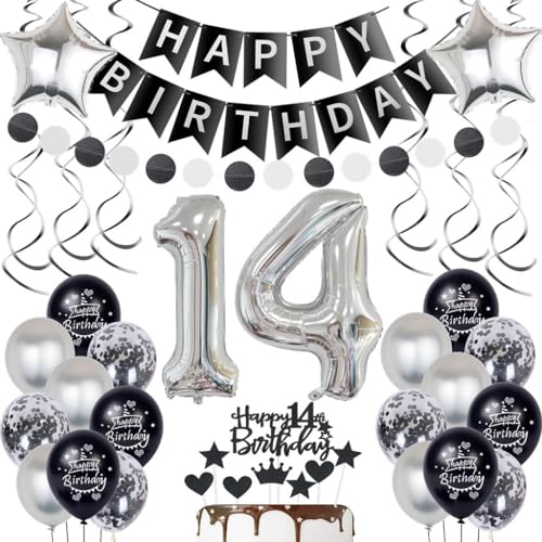 Silber 14. Geburtstag Dekoration Luftballon für Junge und Mädchen - Schwarz Ballon Deko Set mit Tortendeko von Oumezon