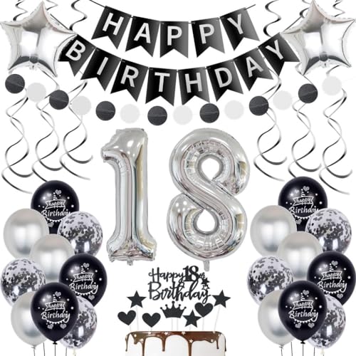 Silber 18. Geburtstag Dekoration Luftballon 18 Jahre Junge Mädchen Geburtstagsdeko 18 Jahre Junge Schwarz Ballon 18 Geburtstag Deko Schwarz Silber Mädchen Junge 18 Geburtstag Tortendeko von Oumezon