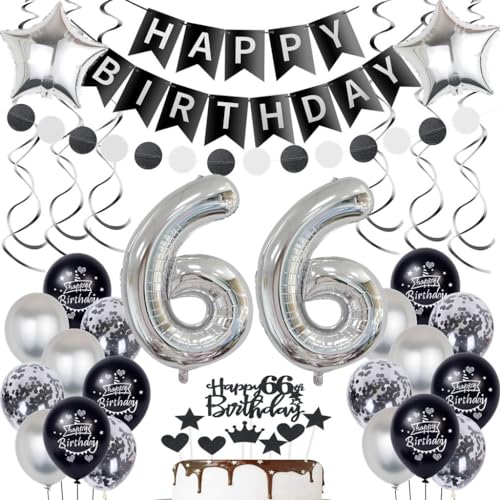 Silber Luftballon 66. Geburtstag Deko - Schwarz Silber Dekoration für Frau Mann 66 Jahre - Party Ballons für Männer und Frauen von Oumezon