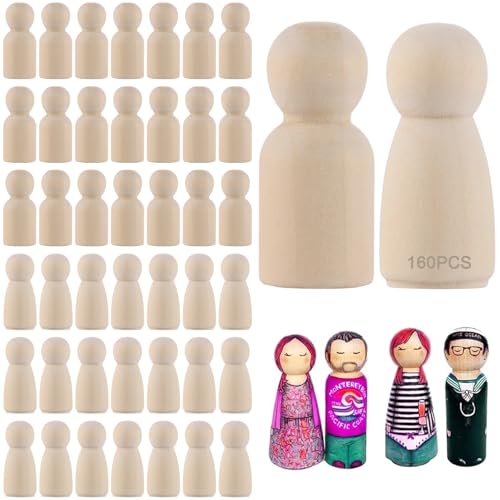 Oungy 160 Stück Holzfiguren zum Bemalen, 35mm Spielfiguren Holz, Holzkegel zum Basteln, Unvollendete Figuren zum Bemalen, Rohling Holzfiguren für DIY Bemalen und Basteln (2 Formen) von Oungy