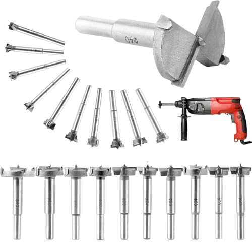 Oungy 20tlg Forstnerbohrer Set Ø10-40mm, Forstnerbohrer 35mm mit Zentrierspitz, Forstnerbohrer 40mm für Holz und Hartholz, Hartmetall Forstnerbohrer Bosch, Topfbohrer mit Rundschaft, Silber von Oungy