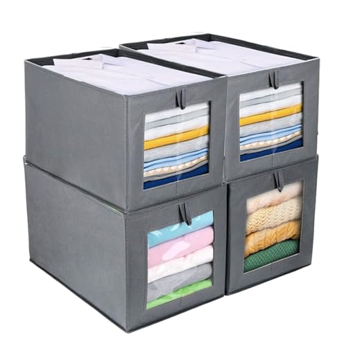 Oungy 4 Stück Aufbewahrungsbox Stoff Kleiderschranke Organizer mit Transparent Fenster 34x23x23cm Aufbewahrungsbox Kleiderschrank mit Griff Schrank Organizer Kleiderschrank für Hosen T-Shirts Pullover von Oungy