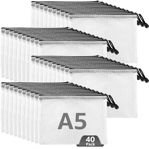 Oungy 40 Stück Dokumententasche A5 Schwarz Dokumentenmappe A5 Reißverschluss Taschen Mesh Plastic Zip Bag a5 Dokumententasche für Datei, Papier, Dokumente, Kosmetika, Hausaufgaben (Schwarz) von Oungy