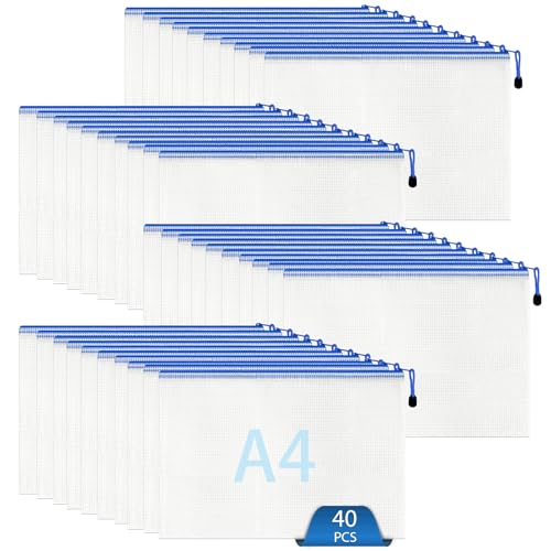 Oungy 40 Stück Wasserdichte Dokumententasche A4, Dokumentenhülle A4 Blau, Kunststoff Beutel mit Reißverschluss, Dokumentenmappe für Papier, Dokumenten, Prüfungsblatt, Kosmetika und Reiseutensilien von Oungy