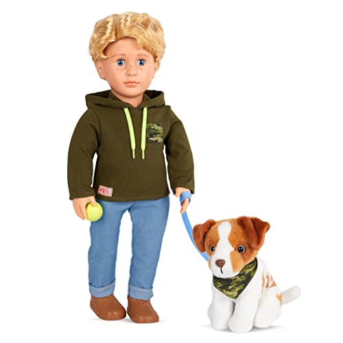 Our Generation Puppe Elliot mit Hundewelpe - Bewegliche 46 cm Puppe mit Kleidung, Zubehör - Jungenpuppe, Australian Shepherd - Spielzeug ab 3 Jahren von Our Generation