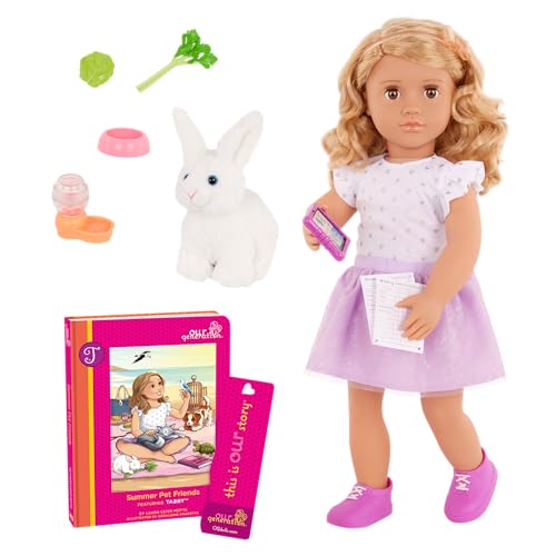 Our Generation Puppe Tabby – 46 cm bewegliche Puppe mit Häschen, Buch & Zubehör (Sommergeschichte, Kleidung, Futternapf, Gemüse, Tablet) – ab 3 Jahren von Our Generation