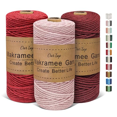 OurTop Premium Makramee Garn 3er Set, 3mm x 100m Macrame Cord Makramee Schnur Makramee Kordel, Garn für DIY Handwerk, Weben Dekoration, Hängepflanze Pflanze Aufhänger(Blush, Rot, Burgunder) von OurTop