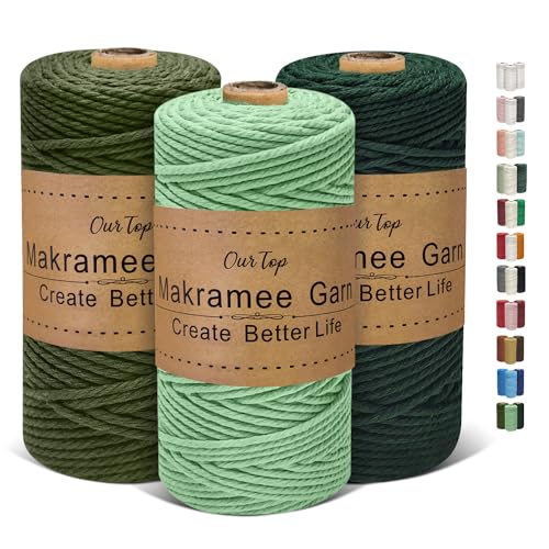 OurTop Premium Makramee Garn 3er Set, 3mm x 100m Macrame Cord Makramee Schnur Makramee Kordel, Garn für DIY Handwerk, Weben Dekoration, Hängepflanze Pflanze Aufhänger(Hellgrün, Dunkelgrün, Armeegrün) OurTop Premium Makramee Garn 3er Set, 3mm x 100m Macrame Cord Makramee Schnur Makramee Kordel, Garn für DIY Handwerk, Weben Dekoration, Hängepflanze Pflanze Aufhänger(Hellgrün, Dunkelgrün, Armeegrün) von OurTop