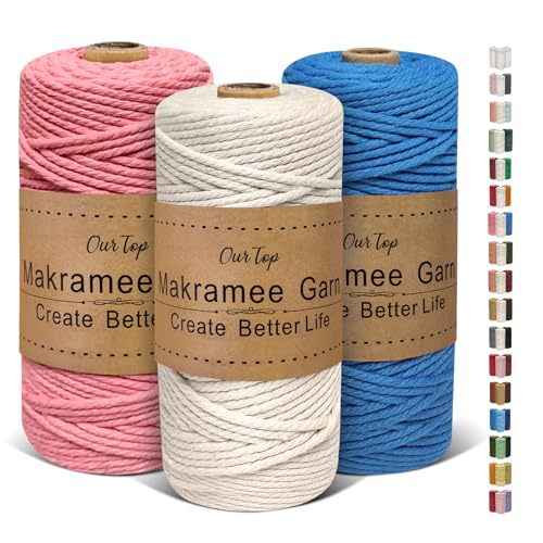 OurTop Premium Makramee Garn 3er Set, 3mm x 100m Macrame Cord Makramee Schnur Makramee Kordel, Garn für DIY Handwerk, Weben Dekoration, Hängepflanze Pflanze Aufhänger(Natur, Blau, Wassermelonenrot) OurTop Premium Makramee Garn 3er Set, 3mm x 100m Macrame Cord Makramee Schnur Makramee Kordel, Garn für DIY Handwerk, Weben Dekoration, Hängepflanze Pflanze Aufhänger(Natur, Blau, Wassermelonenrot) von OurTop