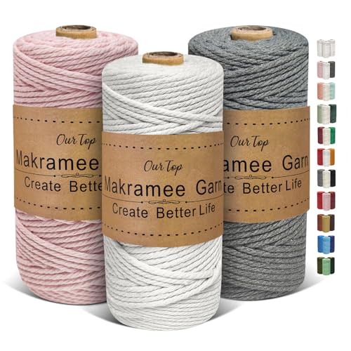OurTop Premium Makramee Garn 3er Set, 3mm x 100m Macrame Cord Makramee Schnur Makramee Kordel, Garn für DIY Handwerk, Weben Dekoration, Hängepflanze Pflanze Aufhänger(Natur, Blush, Grau) von OurTop