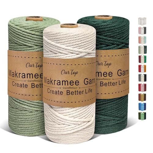 OurTop Premium Makramee Garn 3er Set, 3mm x 100m Macrame Cord Makramee Schnur Makramee Kordel, Garn für DIY Handwerk, Weben Dekoration, Hängepflanze Pflanze Aufhänger(Natur, Hellgrün, Dunkelgrün) OurTop Premium Makramee Garn 3er Set, 3mm x 100m Macrame Cord Makramee Schnur Makramee Kordel, Garn für DIY Handwerk, Weben Dekoration, Hängepflanze Pflanze Aufhänger(Natur, Hellgrün, Dunkelgrün) von OurTop