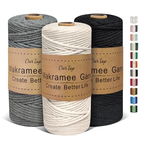 OurTop Premium Makramee Garn 3er Set, 3mm x 100m Macrame Cord Makramee Schnur Makramee Kordel, Garn für DIY Handwerk, Weben Dekoration, Hängepflanze Pflanze Aufhänger(Natur, Grau, Schwarz) von OurTop