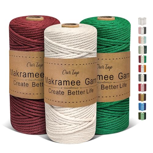 OurTop Premium Makramee Garn 3er Set, 3mm x 100m Macrame Cord Makramee Schnur Makramee Kordel, Garn für DIY Handwerk, Weben Dekoration, Hängepflanze Pflanze Aufhänger(Natur, Smaragdgrün, Burgunder) von OurTop