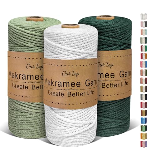 OurTop Premium Makramee Garn 3er Set, 3mm x 100m Macrame Cord Makramee Schnur Makramee Kordel, Garn für DIY Handwerk, Weben Dekoration, Hängepflanze Pflanze Aufhänger(Weiß, Hellgrün, Dunkelgrün) OurTop Premium Makramee Garn 3er Set, 3mm x 100m Macrame Cord Makramee Schnur Makramee Kordel, Garn für DIY Handwerk, Weben Dekoration, Hängepflanze Pflanze Aufhänger(Weiß, Hellgrün, Dunkelgrün) von OurTop