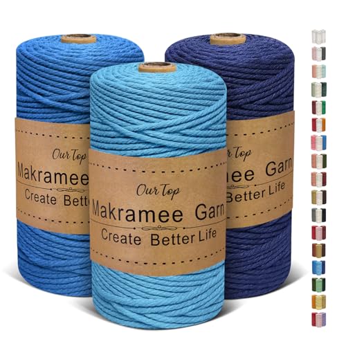 OurTop Premium Makramee Garn 3er Set, 3mm x 160m Macrame Cord Makramee Schnur Makramee Kordel, Garn für DIY Handwerk, Weben Dekoration, Hängepflanze Pflanze Aufhänger(Hellblau, Blau, Dunkelblau) von OurTop