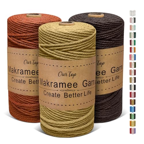 OurTop Premium Makramee Garn 3er Set, 3mm x 160m Macrame Cord Makramee Schnur Makramee Kordel, Garn für DIY Handwerk, Weben Dekoration, Hängepflanze Pflanze Aufhänger(Salbei, Ziegelrot, Braun) von OurTop