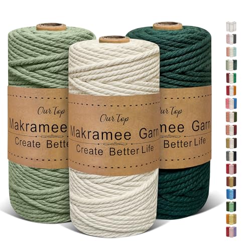 OurTop Premium Makramee Garn 3er Set, 4mm x 55m Macrame Cord Makramee Schnur Makramee Kordel, Garn für DIY Handwerk, Weben Dekoration, Hängepflanze Pflanze Aufhänger(Natur, Hellgrün, Dunkelgrün) von OurTop