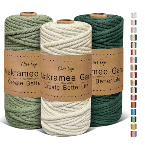 OurTop Premium Makramee Garn 3er Set, 5mm x 40m Macrame Cord Makramee Schnur Makramee Kordel, Garn für DIY Handwerk, Weben Dekoration, Hängepflanze Pflanze Aufhänger(Natur, Hellgrün, Dunkelgrün) von OurTop