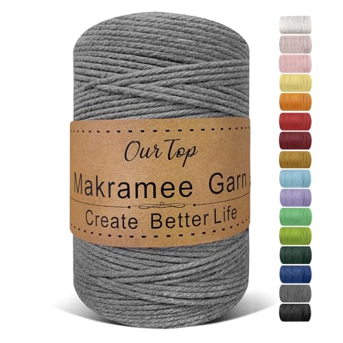 OurTop Premium Makramee Garn Grau, 3mm x 300m Macrame Cord Makramee Schnur Makramee Kordel, Garn für DIY Handwerk, Weben Dekoration, Hängepflanze Pflanze Aufhänger von OurTop