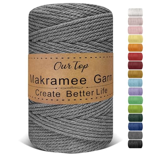 OurTop Premium Makramee Garn Grau, 4mm x 160m Macrame Cord Makramee Schnur Makramee Kordel, Garn für DIY Handwerk, Weben Dekoration, Hängepflanze Pflanze Aufhänger von OurTop