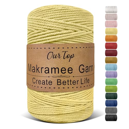 OurTop Premium Makramee Garn Hellgelb, 3mm x 300m Macrame Cord Makramee Schnur Makramee Kordel, Garn für DIY Handwerk, Weben Dekoration, Hängepflanze Pflanze Aufhänger von OurTop