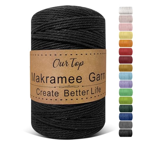 OurTop Premium Makramee Garn Schwarz, 3mm x 300m Macrame Cord Makramee Schnur Makramee Kordel, Garn für DIY Handwerk, Weben Dekoration, Hängepflanze Pflanze Aufhänger von OurTop