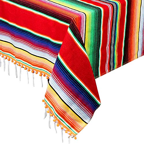 OurWarm 213x149.9 cm mexikanische Tischdecke, verbesserte mexikanische Decken mit Pompom-Bordüre für mexikanische Party, Hochzeit, Fiesta-Dekorationen, große Outdoor-Tischdecke für Picknick von OurWarm