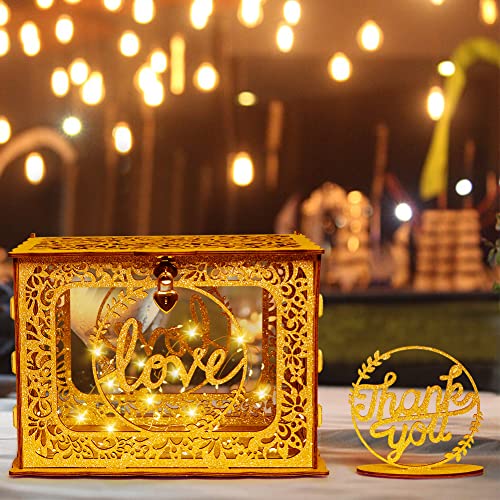 OurWarm Gold Kartenbox für Hochzeit, Glitzer Holz Hochzeitskartenbox mit Herzschloss und Lichterkette, Geschenkkartenbox Spardose für Hochzeitsempfang Geburtstagsfeier Jubiläum Abschlussdekorationen OurWarm Gold Kartenbox für Hochzeit, Glitzer Holz Hochzeitskartenbox mit Herzschloss und Lichterkette, Geschenkkartenbox Spardose für Hochzeitsempfang Geburtstagsfeier Jubiläum Abschlussdekorationen von OurWarm
