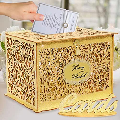 OurWarm Gold Hochzeitskartenbox - Glitzernde Holzkartenboxen mit Schloss, Geschenkkartenbox Geldhalter für Empfang, Jubiläum, Dusche, rustikale Hochzeitsdekorationen, Geburtstag, Abschlussfeier von OurWarm