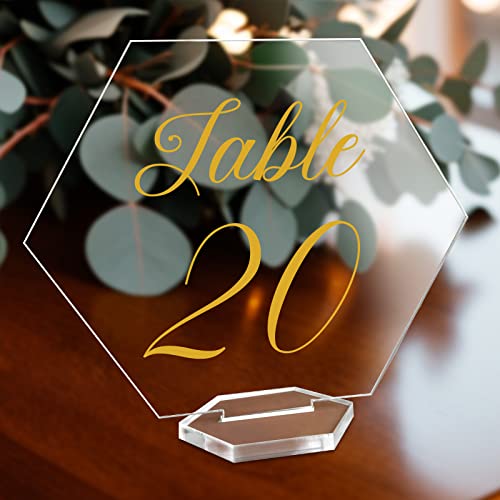 OurWarm Große Acryl-Tischnummern 1–20, goldbedruckte Kalligraphie-Tischkarten mit Ständer, sechseckiges multifunktionales klares Acrylschild und Halter, ideal für Hochzeitsempfänge, Veranstaltungen von OurWarm