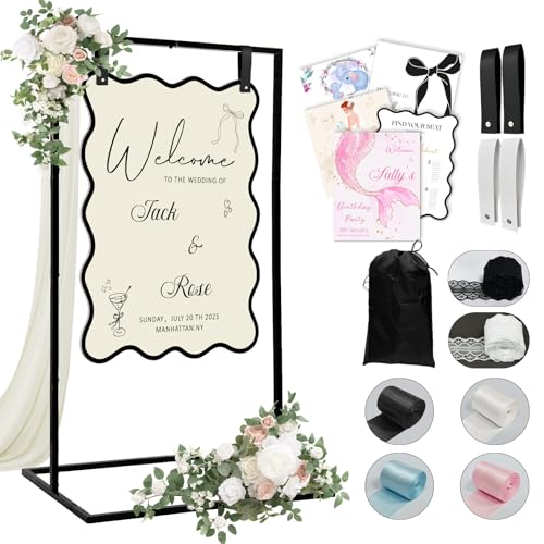 OurWarm Metall-Hochzeitsschilderständer, verstellbar, Aufschrift "Welcome to Our Wedding Sign Hold", robuster Staffelei-Ständer für Schilder mit Design-Paket und Lederschild-Aufhängeriemen von OurWarm