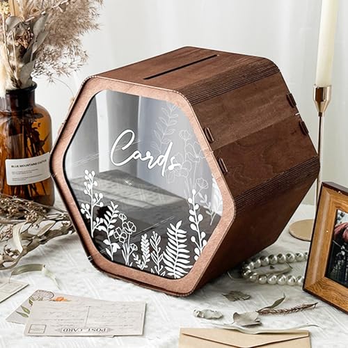OurWarm Sechseckige hölzerne Hochzeitskartenbox - Eleganter Grußkartenhalter mit Herzausschnitt, rustikale schicke Geschenkbox für Hochzeit, Jahrestag & besondere Anlässe von OurWarm