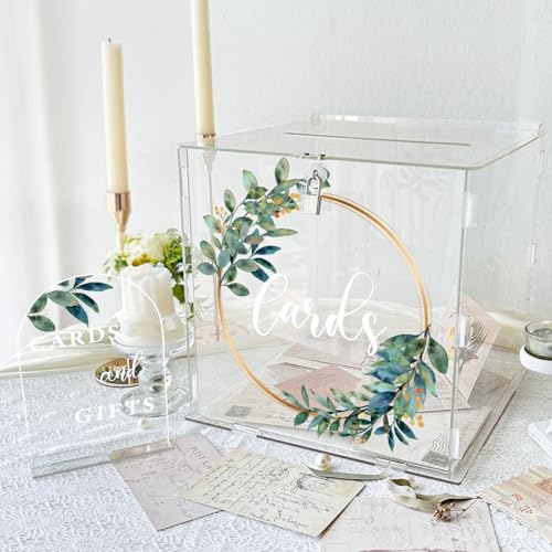 OurWarm Transparente Hochzeitskartenbox für Empfang mit Schloss und Schlitz, dicke Acryl-Kartenbox für Party, große Eukalyptus-Geldgeschenkkarten-Aufbewahrungsbox für Hochzeit, Abschlussfeier, von OurWarm