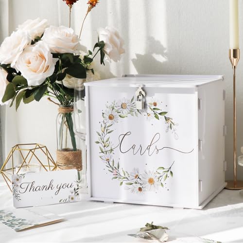 OurWarm Weiße Hochzeitskartenbox mit Schloss, PVC-Geschenkkarten-Box für Hochzeitsempfang, Gänseblümchen, DIY-Hochzeits-Geldumschlag, Kartenbox für Party, Abschlussfeier, Babyparty, von OurWarm