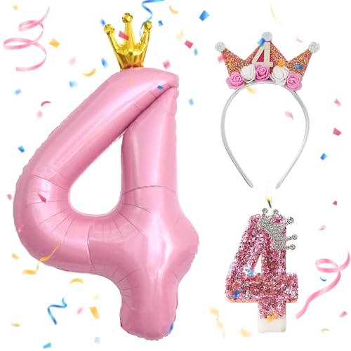 4 Jahr Geburtstagskrone,Kerze 4 Geburtstag,Rosa Zahl 4 Ballon 42 Zoll Zahlenballon,für Geburtstag für Kinder,Jubiläum von Ourdort