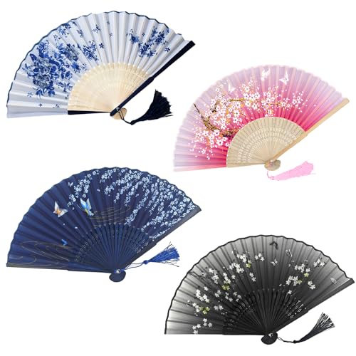 4 Stück Handfächer Fächer, Handfächer Damen, Orientalischer Faltfächer, Chinesischer Blumen Stoff Fächer, Handfächer Hochzeit, für Tanz, Party, Hochzeit Geschenke, DIY Deko, Haus Dekorationen 4 Stück Handfächer Fächer, Handfächer Damen, Orientalischer Faltfächer, Chinesischer Blumen Stoff Fächer, Handfächer Hochzeit, für Tanz, Party, Hochzeit Geschenke, DIY Deko, Haus Dekorationen von Ourdort