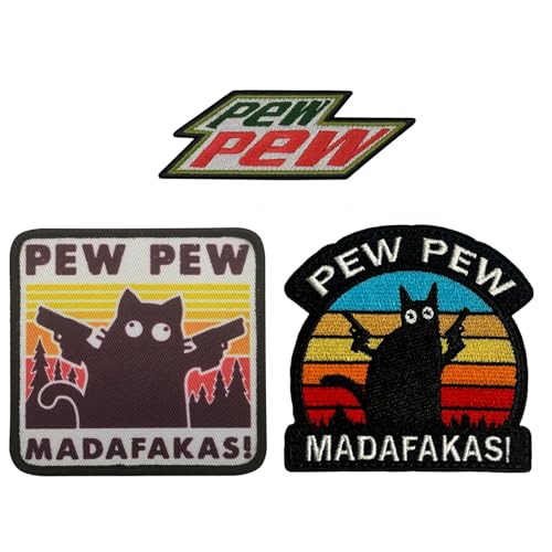 PEW PEW Humor Design - Schwarz Katze Laserpistole Stickerei Patch Klettverschluss für Kleidung, Rucksack, Caps & Hundegeschirr - Taktische Moral Patches(3PCS) von Ourdort