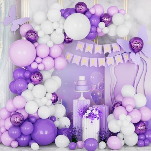 Geburtstags Dekorationen Violett Mädchen Lila Weiß Party Dekorationen mit Geburtstag Banner Metallic Lila Luftballons für Frauen Mädchen Geburtstag Party Deko（137Stück） von Ousuga