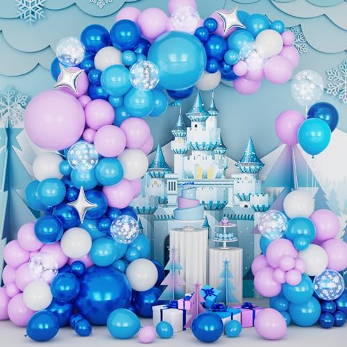 Frozen Geburtstagsdeko Luftballon Girlande, 139 Stück Frozen Geburtstagsdeko Mädchen Blau Lila Weiß Ballon mit Silber Folienballon für Winter Frozen Thema Geburtstag Hochzeit Party Deko von Ousuga