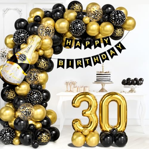 30 Geburtstag Deko für Männer, Schwarz Gold Luftballon Bogen Kit mit Nummer 30 Folie Ballons Konfetti Ballons Happy Birthday Banner, Schwarz Gold Party Deko für 30 Jährige Frauen Jubiläum 30 Geburtstag Deko für Männer, Schwarz Gold Luftballon Bogen Kit mit Nummer 30 Folie Ballons Konfetti Ballons Happy Birthday Banner, Schwarz Gold Party Deko für 30 Jährige Frauen Jubiläum von Ousuga