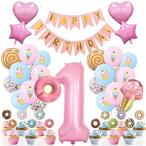 Deko 1. Geburtstag Mädchen, Pastell Luftballons Geburtstags Deko 1 Jahre Mädchen Rosa Blau Luftballons mit Eis und Kuchen Muster Rosa Zahl 1 Ballon, Donut Folienballon für 1. Baby Mädchen Geburtstag von Ousuga