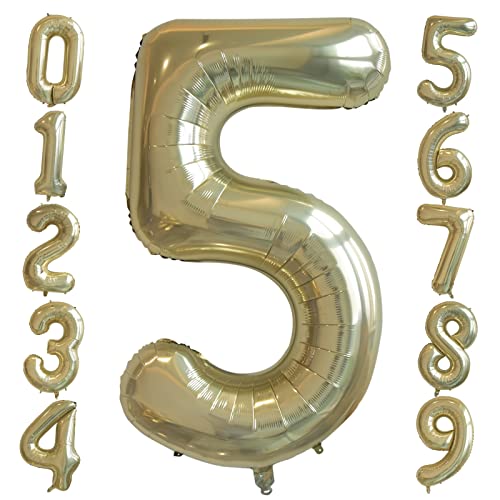 Zahlen 5 Luftballon Champagner Gold, 40 Zoll Groß Weiß Gold Helium Folienballon Zahl 5, Geburtstag Zahlenballon Party Nummer ballons für Jungen Mädchen Geburtstagsfeier Abschluss Babydusche Party Deko von Ousuga